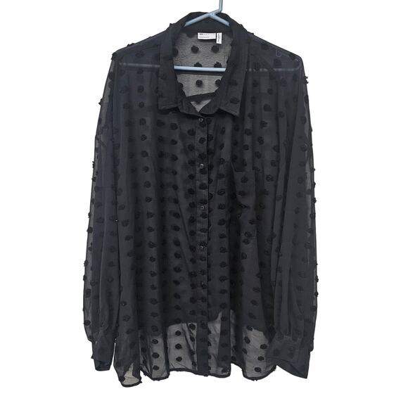 Asos Design Curve Oversized Shirt Women's 22 Black Dobby Jacquard Spot Sheer Top - Picture 1 of 8